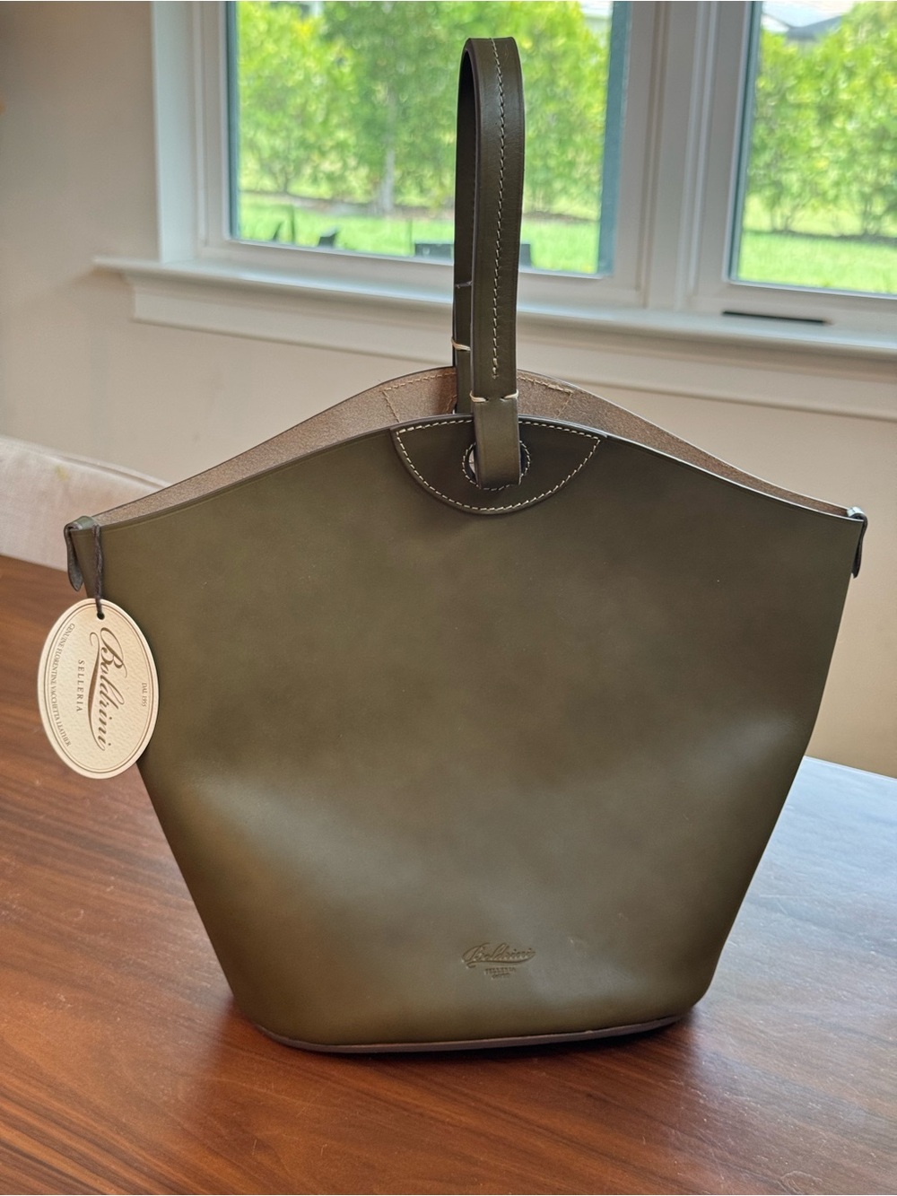 Boldrini Selleria Olive Leather Rigid Bucket Bag Made in Italy NWT - Picture 2 of 14